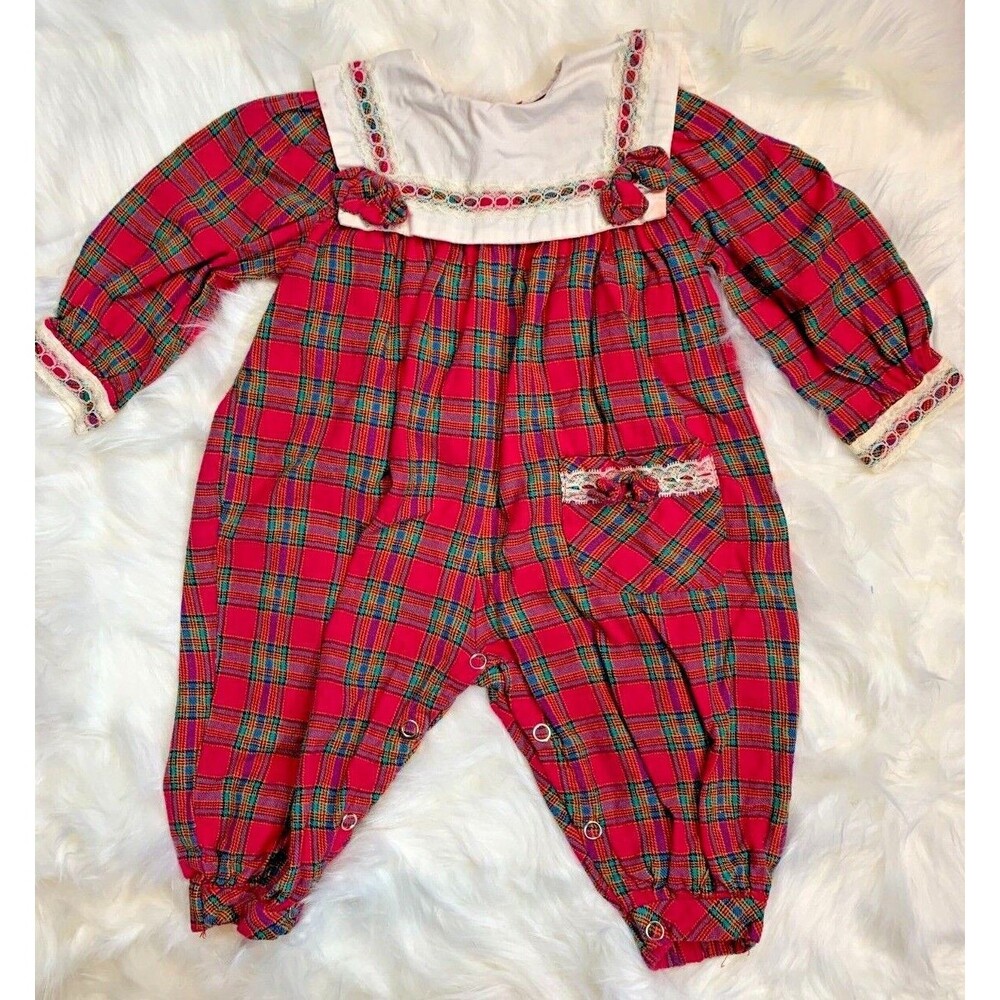 Vintage Broadway Kids Jumpsuit Romper 12M Pink Plaid Bibbed Lace Cottagecore